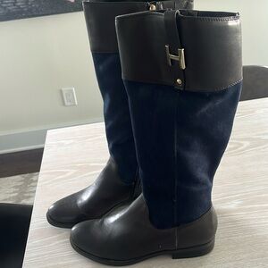 Tommy Hilfiger navy suede brown leather riding boots sz 9.5
